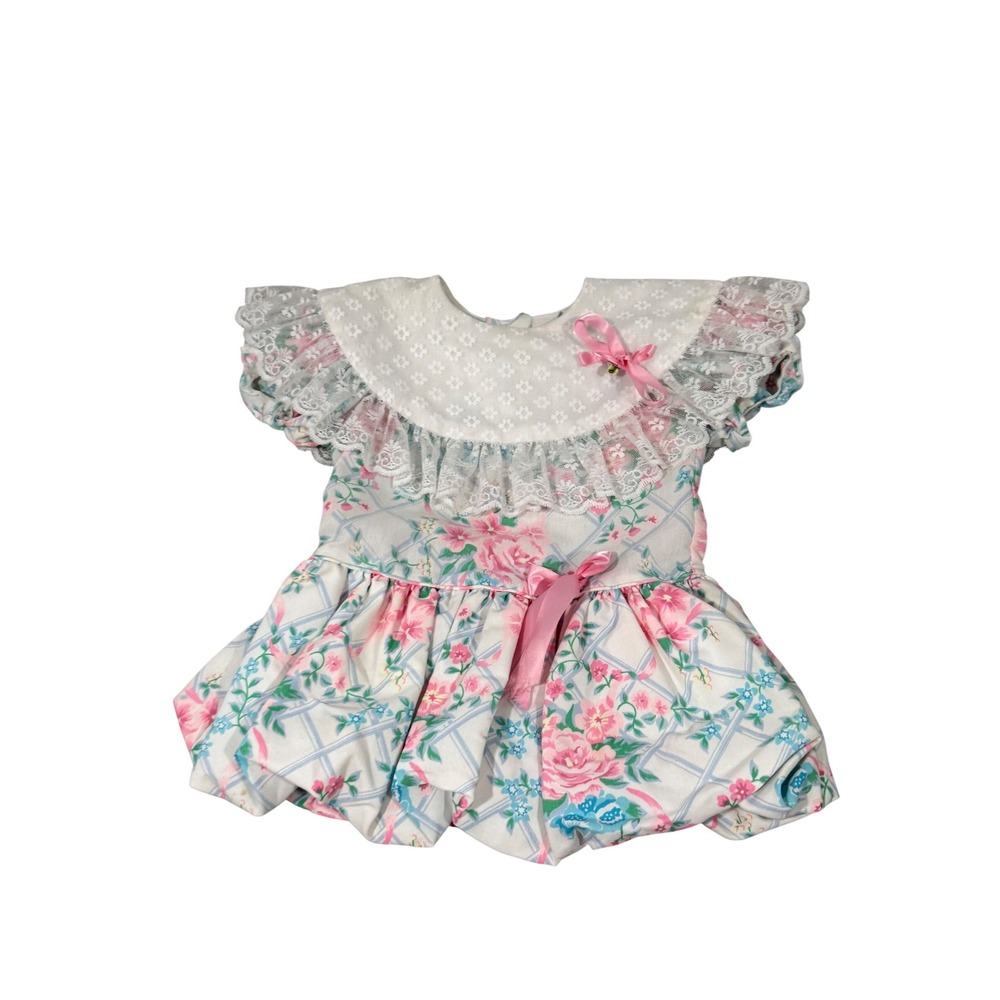 Vintage Floral Bubble Dress Lace Collar Pink Ribbon Made in USA Size 2T